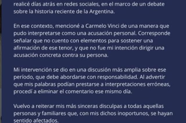 Spitale pidió disculpas públicas