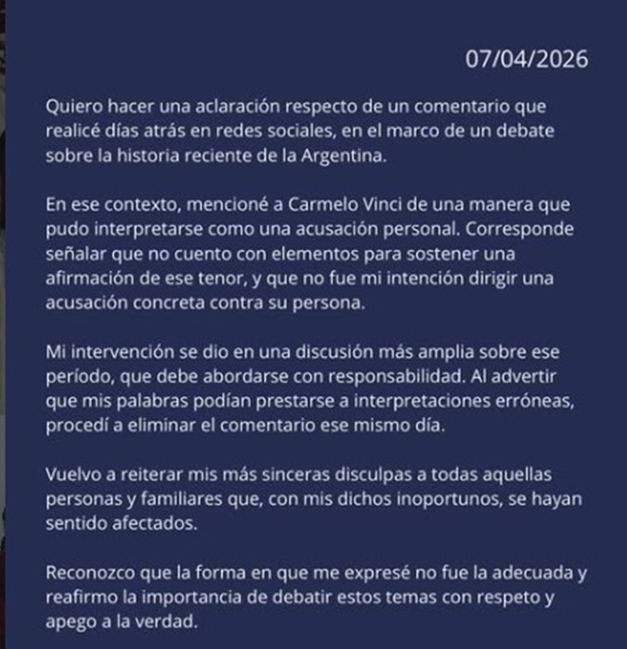 Spitale pidió disculpas públicas